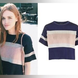 Topshop Navy and Beige Striped Crop Top